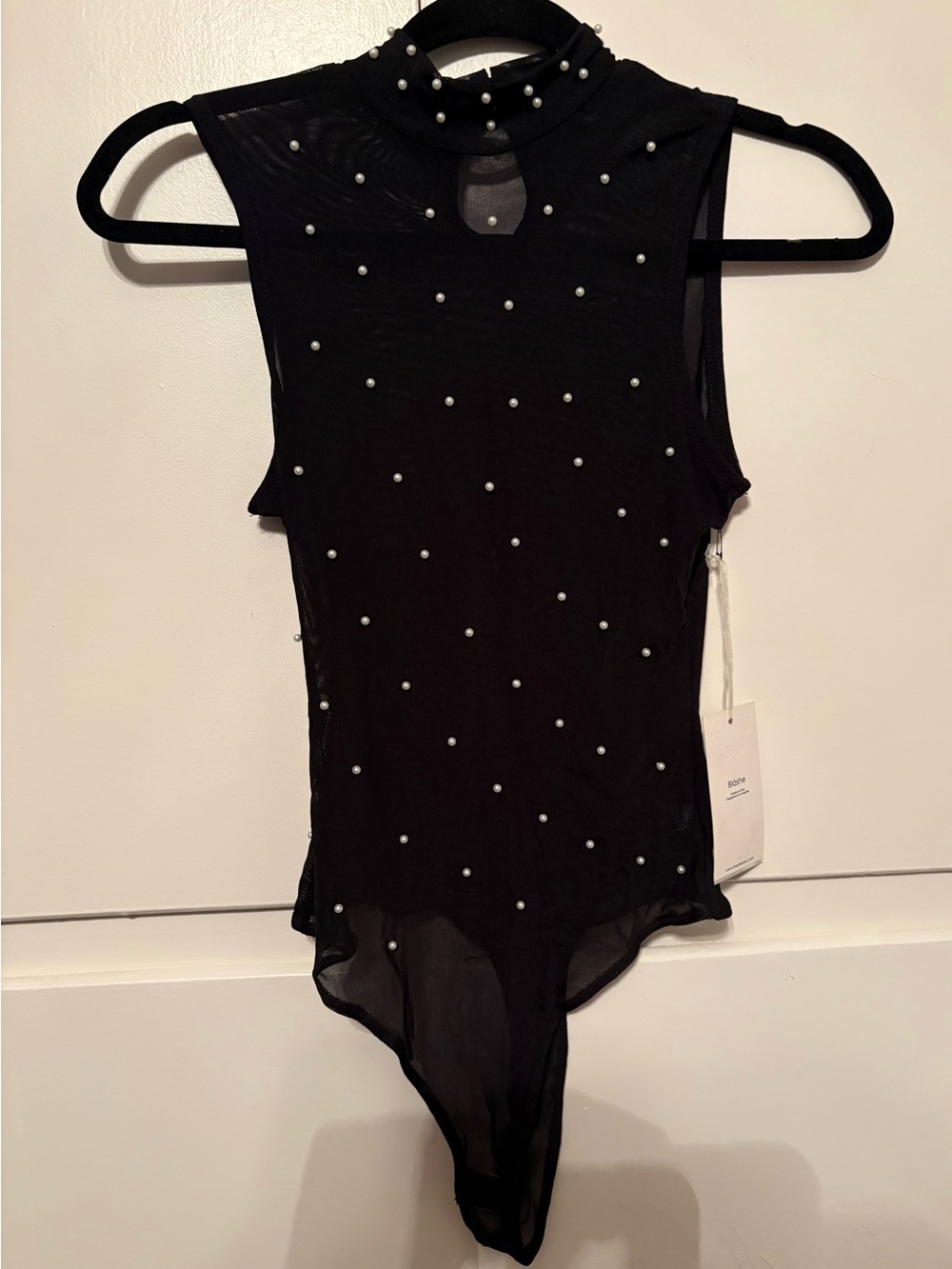 Blush Black Pearl-Embellished Mesh Bodysuit